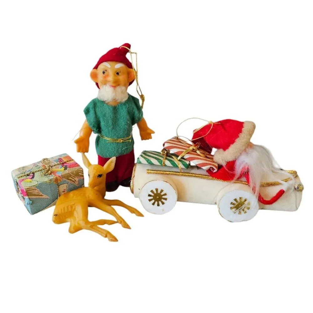 Vintage‎ MCM Kitschy Christmas Ornaments Decor Japan Santa Elf Deer Present